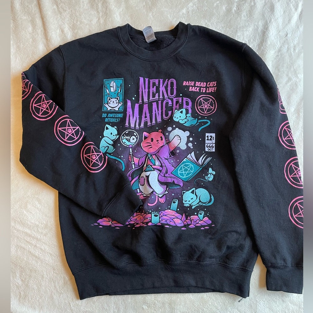 Neko Mancer Sweatshirt S | Kawaii Fall Witchy Cat Necromancer Graphic Crewneck
